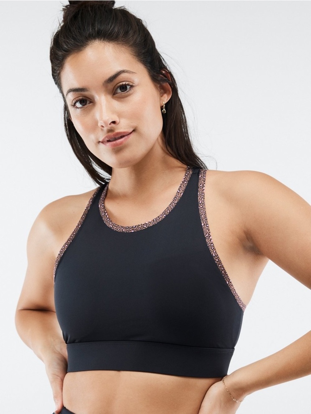 Fabletics Trinity Pocket High Impact Sports Bra Black Animal Print Trim Small